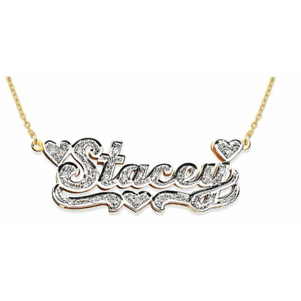 Rylos Personalized 0.15 Carat Diamond Nameplate Necklace Sterling Silver or Yellow Gold Plated Silver Made to Order. Special Order 